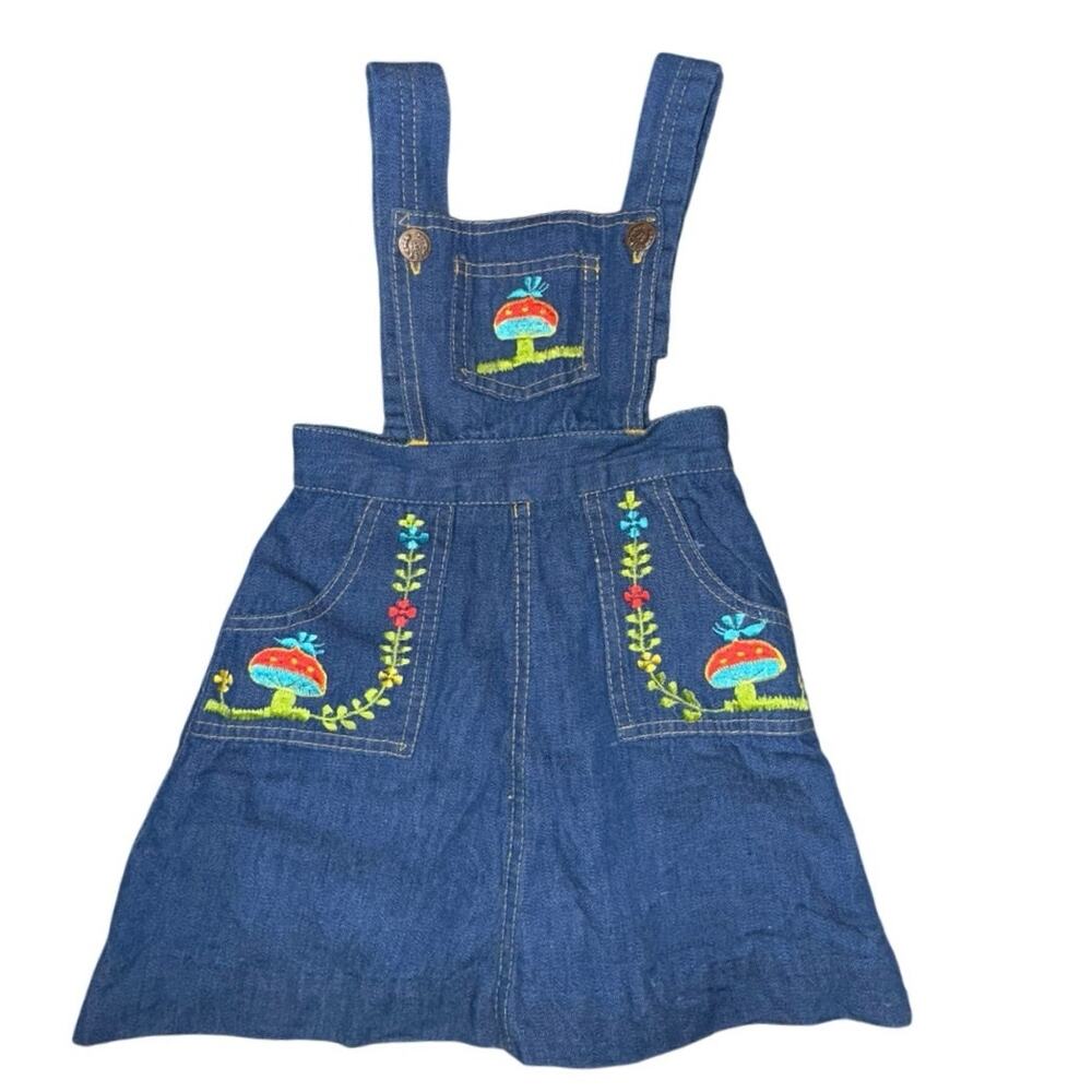 Rare Vintage 4T Girls 90s Cotton Denim Mushroom Embroidered Jumper Overall Dress